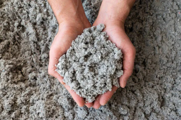 Hands holding loose-fill cellulose insulation