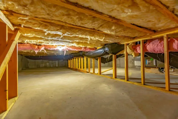 Insulation installed beneath the floor joists of a crawl space