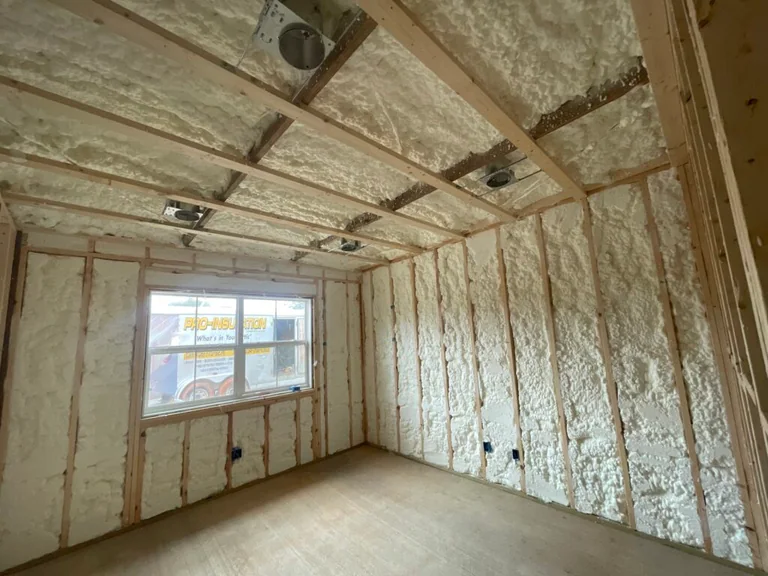 Open-cell spray foam filling wall and ceiling cavities between exposed wood framing